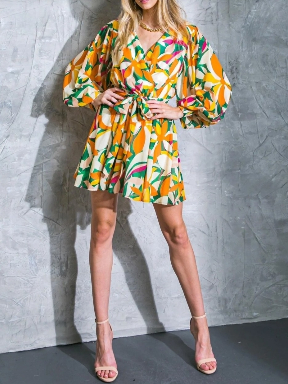 Flying Tomato Warm Garden Floral Balloon Sleeve Mini Dress